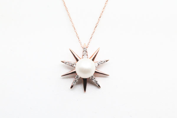 Rose Gold Pearl and Diamond Sunburst Pendant with Chain