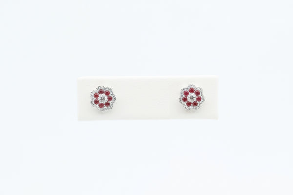 White Gold Ruby and Diamond Flower Earrings