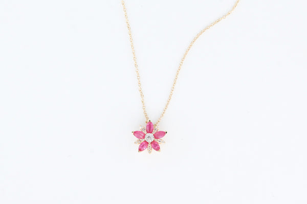 Yellow Gold Ruby Flower Pendant with Chain