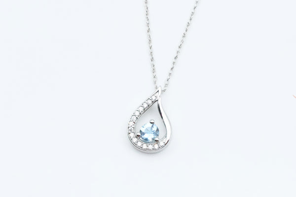 White Gold Aquamarine Raindrop Pendant with Chain