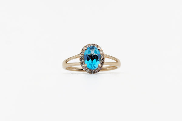 Yellow Gold Blue Topaz Halo Ring