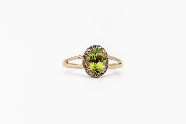 Yellow Gold Oval Peridot Split Shank Halo Ring