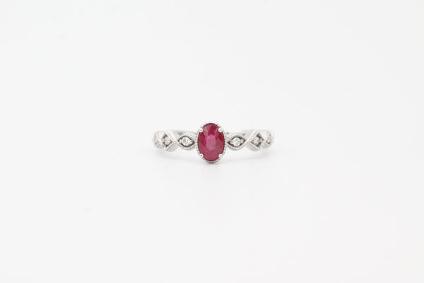 White Gold Oval Ruby and Diamond Ring with Milgrain Band