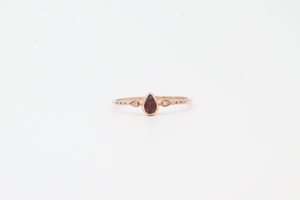 Rose Gold Pear Shape Bezel Set Garnet and Diamond Ring