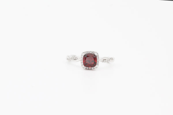 White Gold Twisted Band Garnet and Diamond Ring