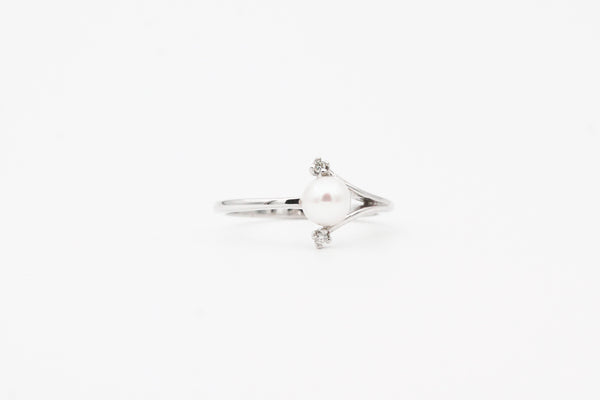 White Gold Pearl and Diamond Split Shank Ring