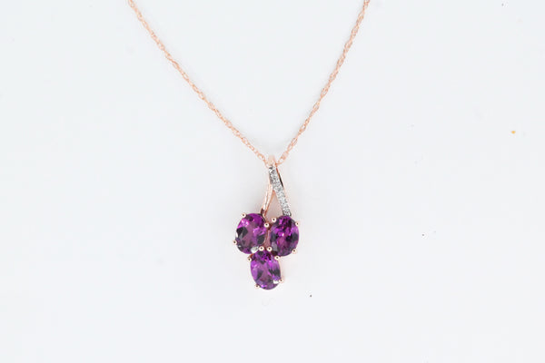 Rose Gold Purple Garnet and Diamond Pendant with Chain