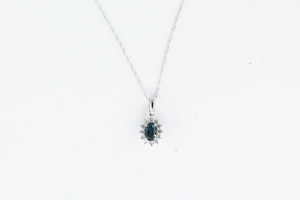 White Gold Sapphire and Diamond Halo Necklace