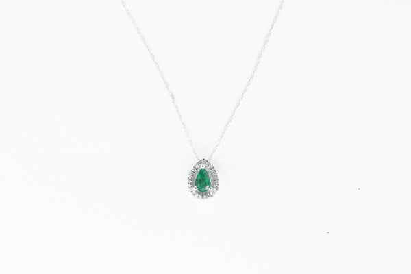 White Gold Pear Shaped Emerald Halo Necklace