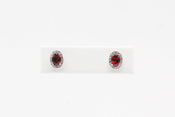 White Gold Halo Style Earrings with Garnet and Diamonds